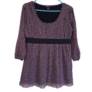 Ditsy Floral Babydoll Blouse Sz M Purple Black Dark Romantic Lace Style & Co
